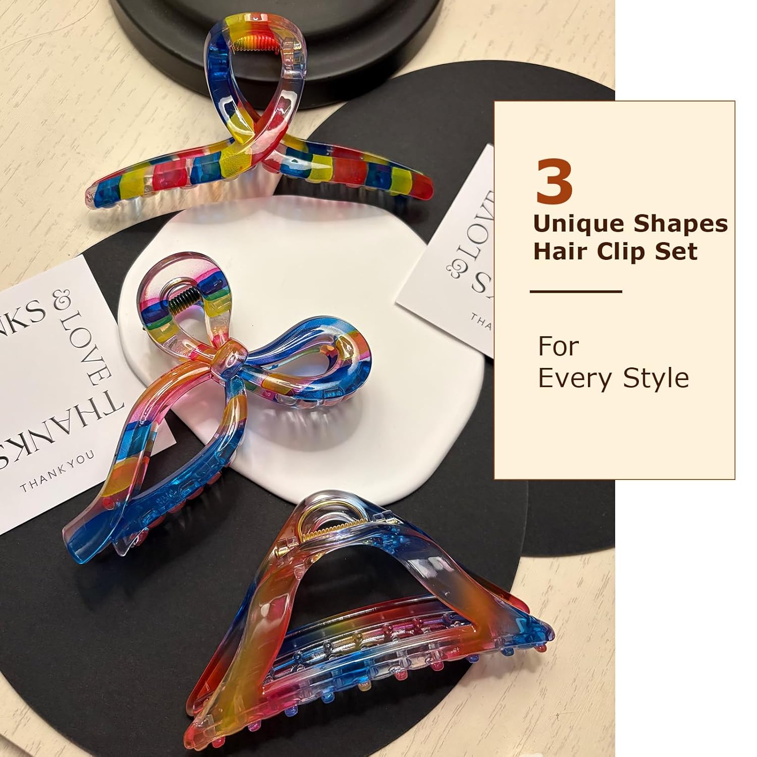Rainbow Hair Claws 3-Pack, Large Hair Claw Clips for Women, 4.3-5 Inch Aesthetic Clear Claw Clips for Thick Hair, Strong Hold Non-Slip Bow Triangle Banana Clip Set, Jelly Hair Accessories - Image 7