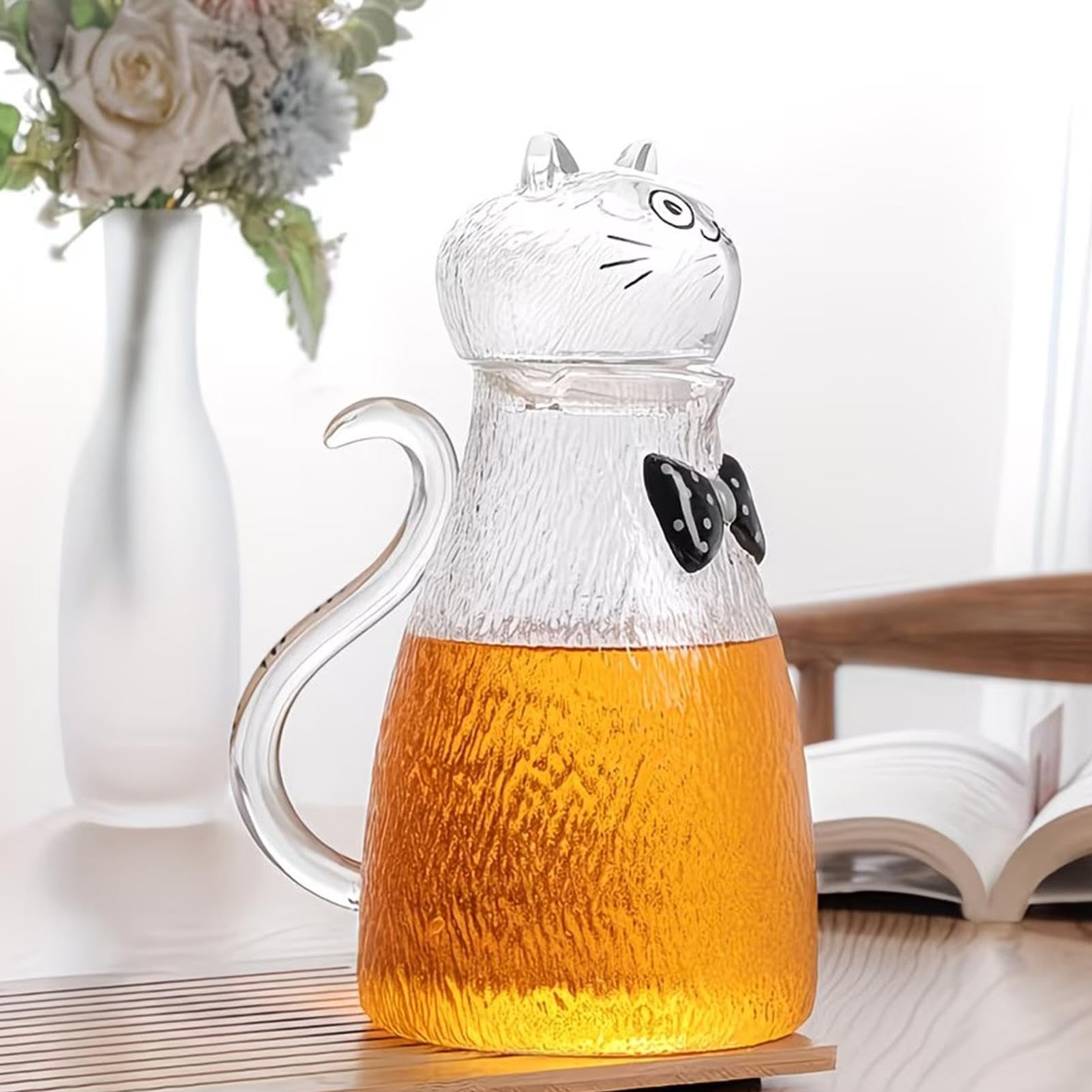 Glas-Kanne Süßes Katzenmotiv aus klarem Glas Großes Fassungsvermögen 1,8 | -Krug für Kühlschrank, Küchenarbeitsplatte, Esstisch, Wohnzimmer, Büro, Party, Outdoor, Camping und Picknick