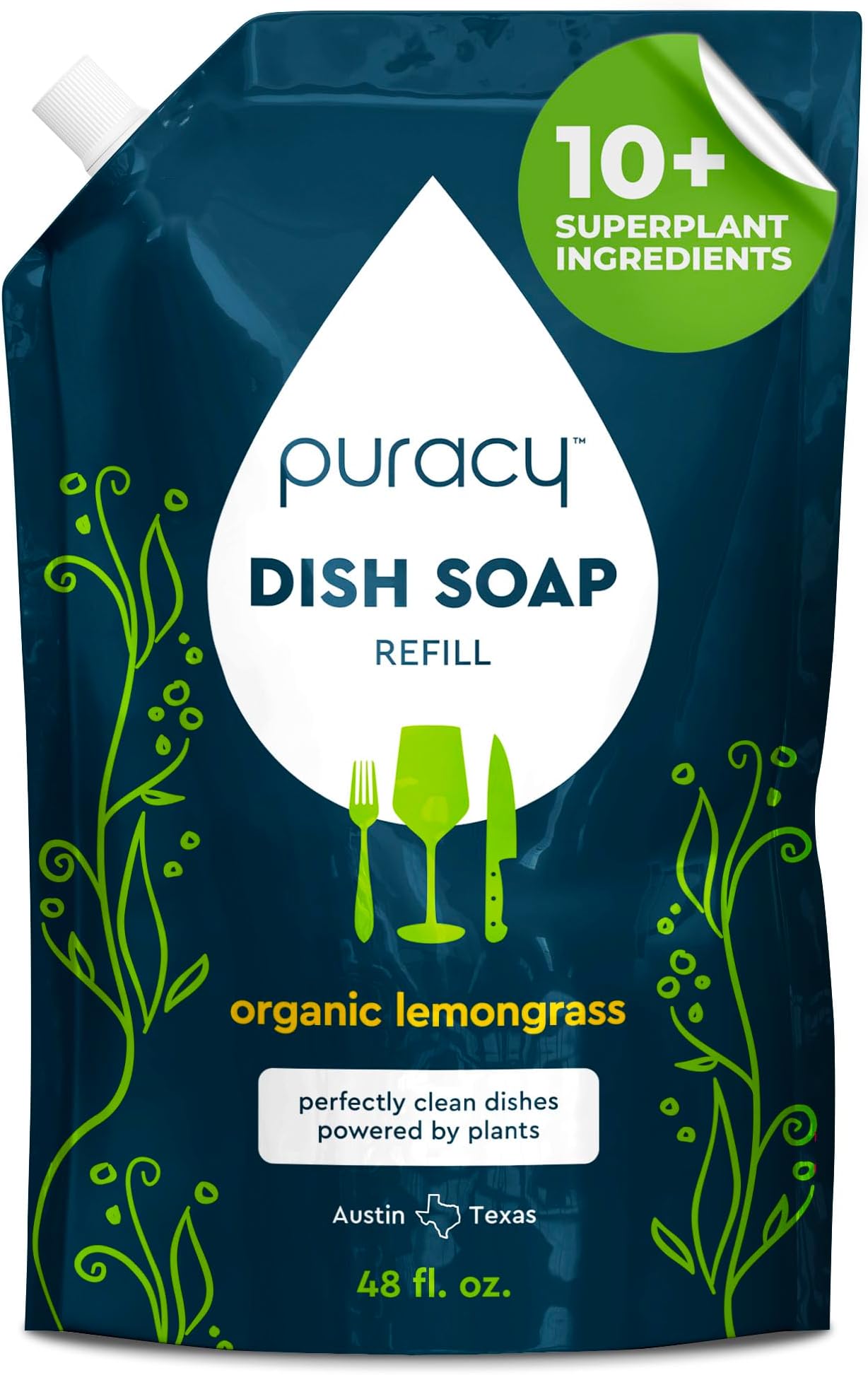 Natural Dish Soap Refill - Skin-Softening Plant-Based Liquid Dishwashing Detergent Soap, Clean-Rinsing Water-Sheeting Formula (Organic Lemongrass, 48 fl oz)