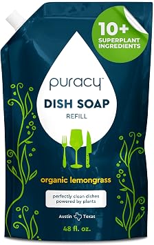 Puracy Natural Dish Soap Refill - Skin-Softening Plant-Based Liquid Dishwashing Detergent Soap, Clean-Rinsing Water-Sheeting Formula Organic Lemongrass, 48 fl oz