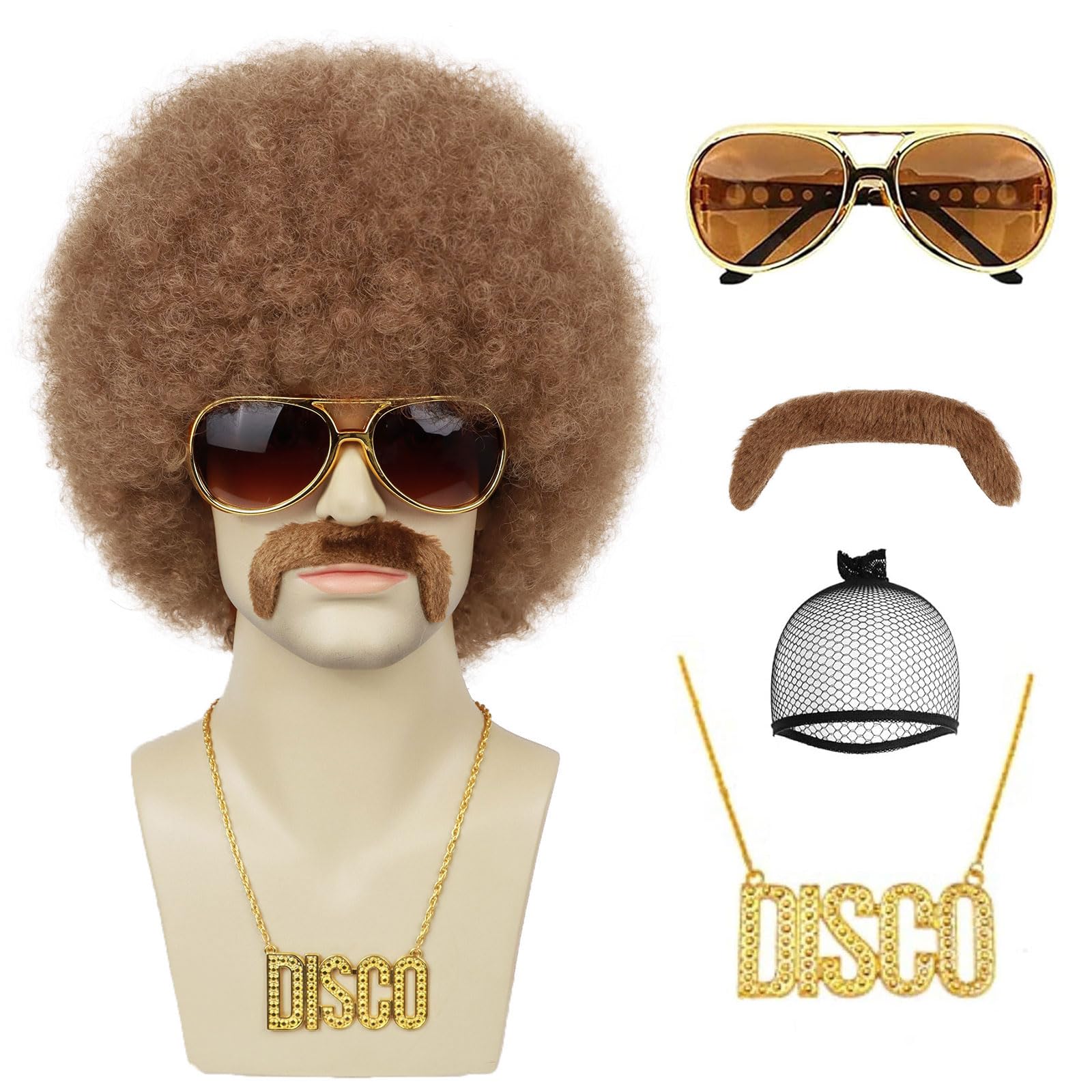 Yargel Hair 70s Afro Wigs for Men Rocker Disco Party 5pcs Set (Wig+ Glasses+ Disco Necklace+ Mustache+ Wig Cap) Afro Puff Wigs for 70s 80s Halloween