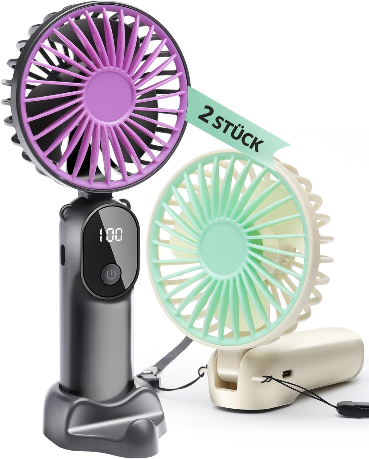 2 Stück Mini Handventilatoren Akku Aufladbar,Tragbarer USB Klein Hand Ventilator Sehr Leise,LED Anzeige,6 Geschwindigkeiten,6–12 Stunden Kühle Zeit,Taschenventilator für Reisen,Draußen,Camping