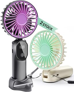2 Stück Mini Handventilatoren Akku Aufladbar,Tragbarer USB Klein Hand Ventilator Sehr Leise,LED Anzeige,6 Geschwindigkeiten,6–12 Stunden Kühle Zeit,Taschenventilator für Reisen,Draußen,Camping