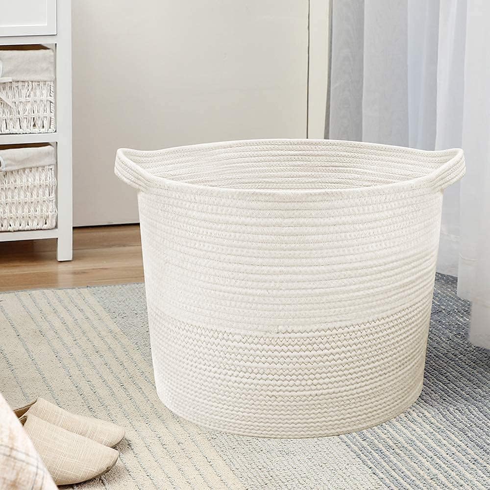 EXQUI Laundry Basket Baby Storage Basket Toy Storage Organiser for Nursery, Kids Room, Washable Cotton Rope Woven 43x40x38cm,L557-43S1
