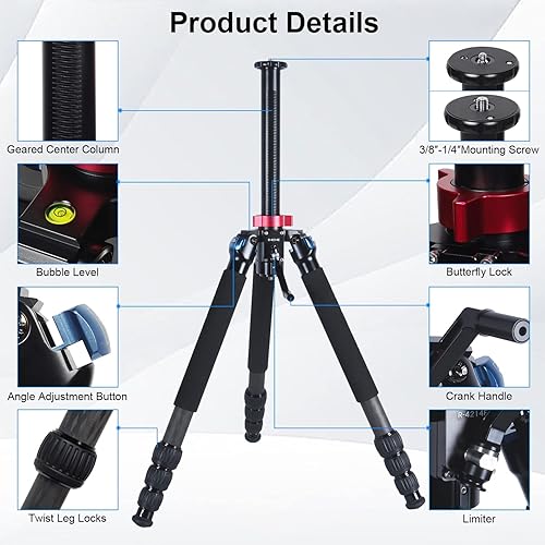 Miniatura 2 de SIRUI R-4214E Trípode de carbono resistente con columna central engranada, trípode profesional de 70 ″ con plataforma de montaje dual para cámaras,