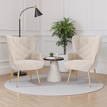 Nalupatio Mid Century Modern Accent Chair Set of 2, Velvet Upholstered Armchair with Metal Legs, Tufted Button Wingback Side Chair, High Back Reading Chair for Living Room Bedroom, Beige