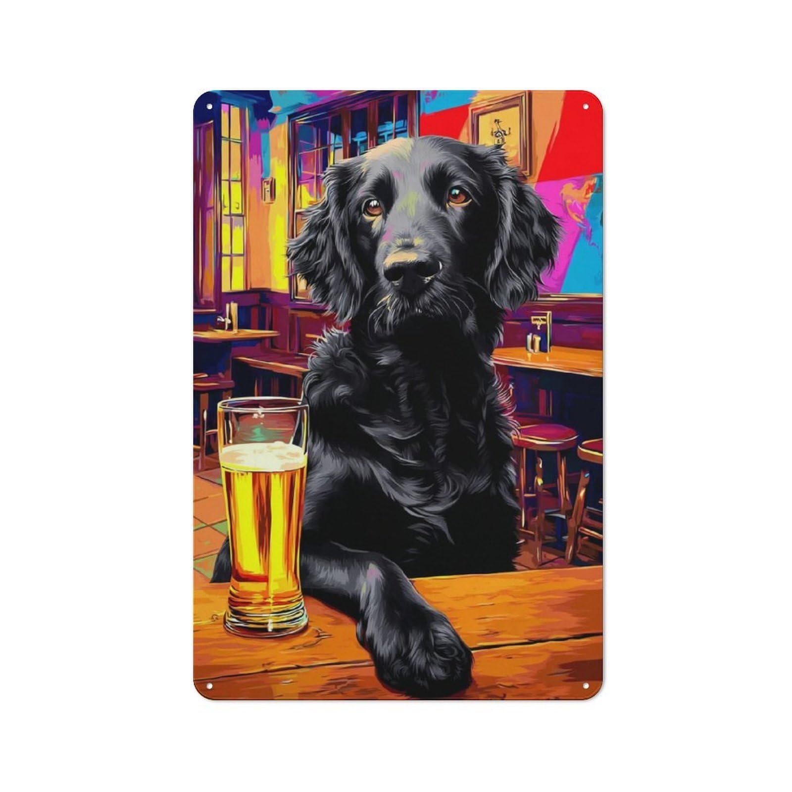 Junmoney Dog In Pub With Beer -4 Retro Metal Sign With Design 30X20cm, Distressed Look Retro Room Decor For Living Room, Hallway, Kitchen Or Cafe