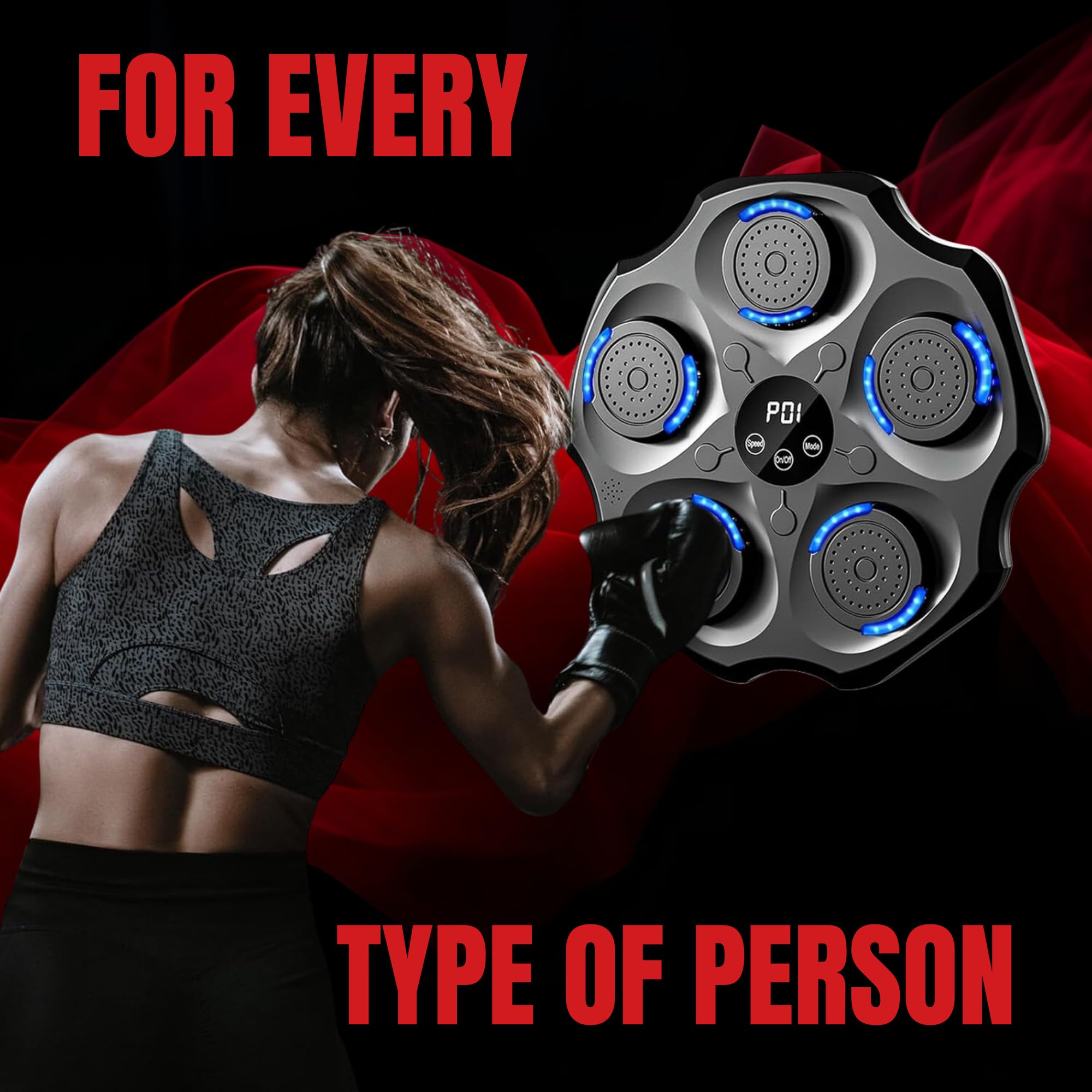 Macchina da Boxe Musicale. Attrezzatura da Allenamento da Parete con LED, Guantoni da Boxe, Bluetooth e Luci a Ritmo di Musica per Bambini/Adulti. (9 modalità, 43x43 cm)
