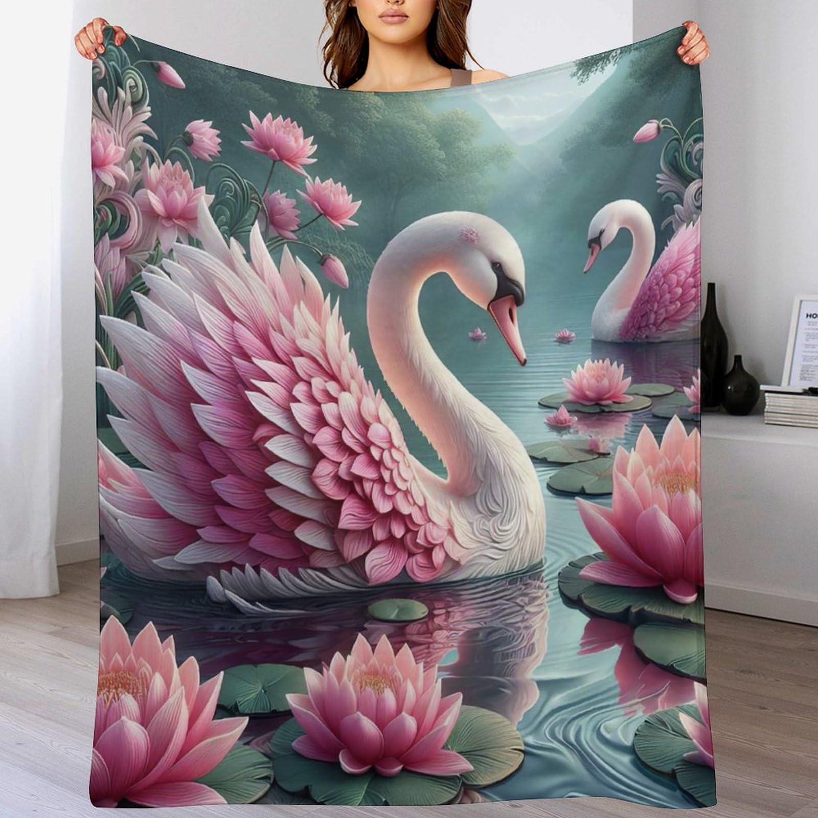 Couverture flanelle chaude contre le froid, plaid cygne douillet