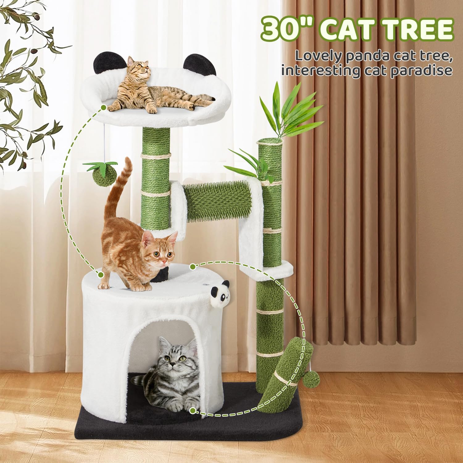 Erinnyees Panda Cat Tree, 30.7" Cat Tower with Self Groomer, Scratching Post, Cat Condo and Hang Ball, Bamboo Leaf Shape Design