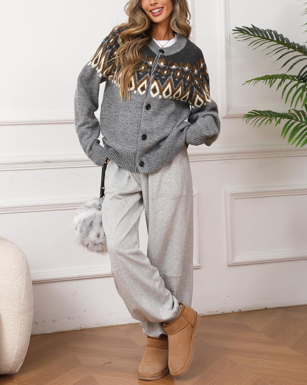 Women's Chunky Sweater Cardigan Crew Neck Long Sleeve Button Fron Fair Isle Christmas Sweater Coats - Image 3