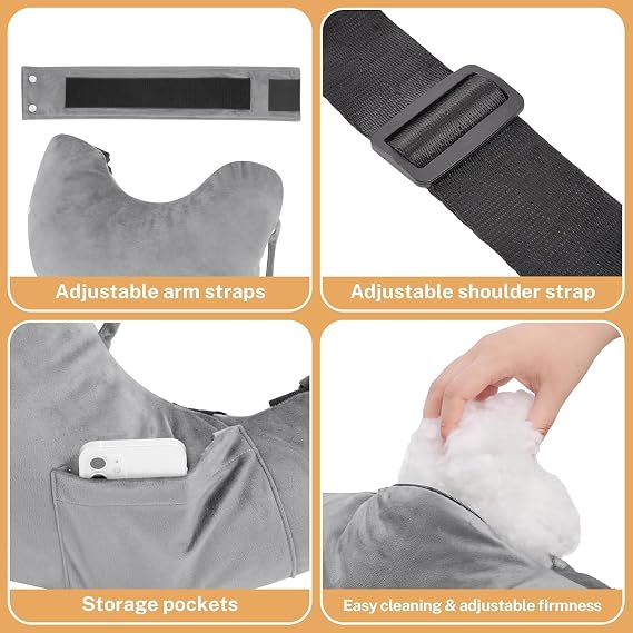 Shoulder Surgery Pillow with Pocket and Straps, Polyester, White, Left/Right Arm Support for Sleeping, Rotator Cuff Relief, Neck and Arm Pain Relief (Grey)