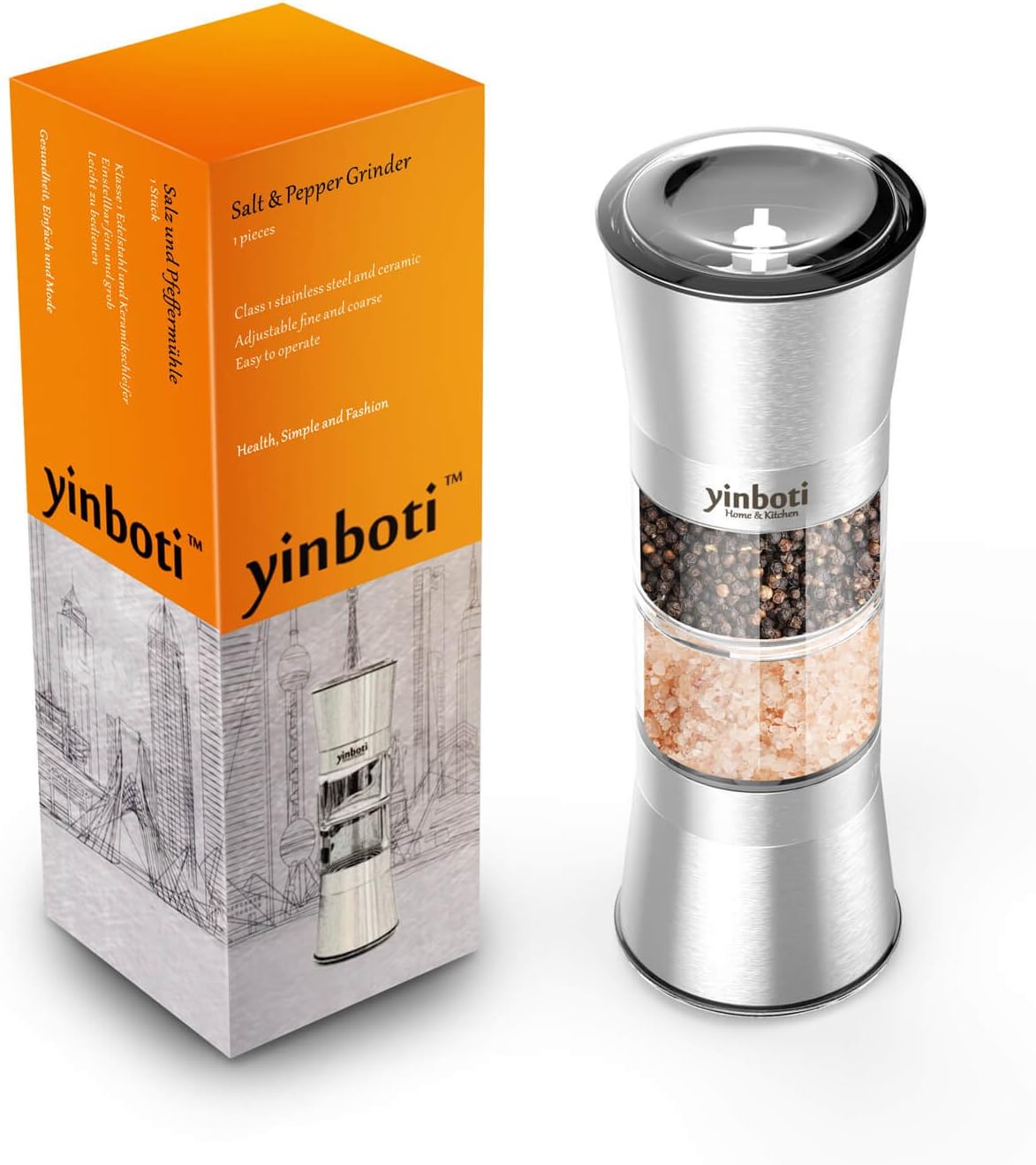 yinboti Salt and Pepper Mills Set Manual Grinder with Brushed Stainless Steel, 2-in-1 Combo (No Spices Include)