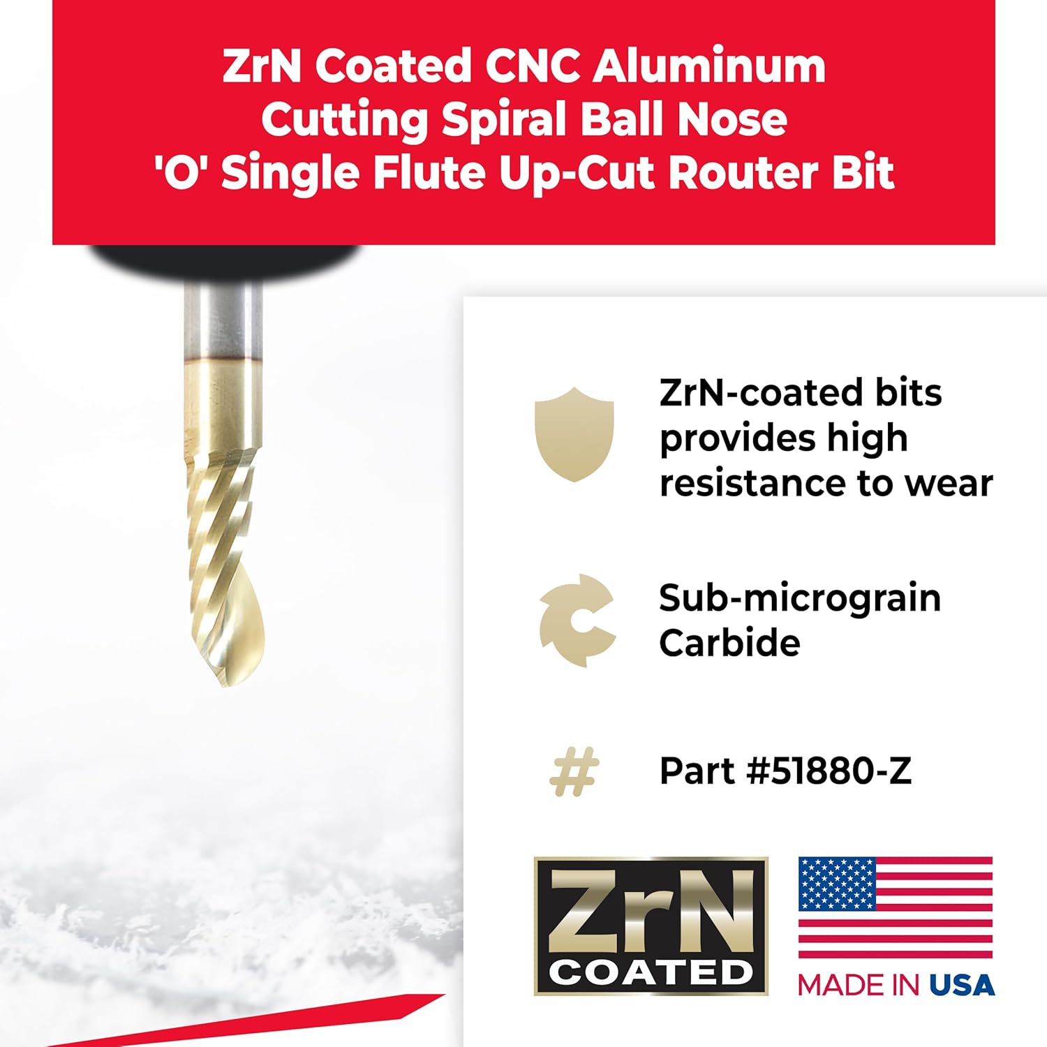 Amana Tool CNC Solid Carbide Spiral O Flute Ball Nose Up-Cut, Aluminum Cutting Router Bit, ZrN Coated, 51880-Z, 1/8 R x 1/4 D x 1/4 SHK x 2 Inch Long