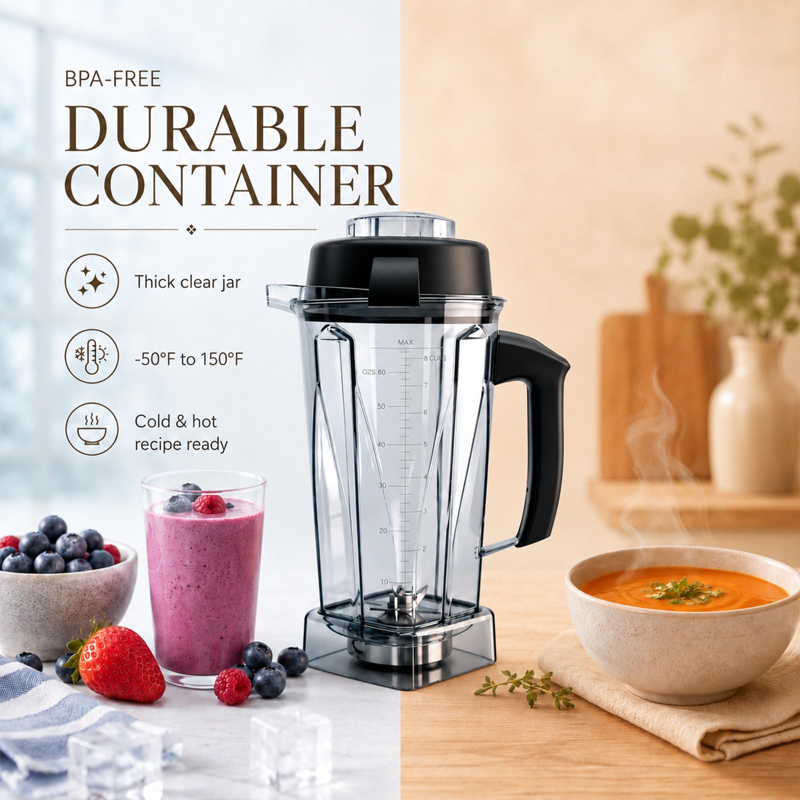 Recipiente de repuesto para jarra de licuadora de 64 onzas compatible con Vitamix 5200, 5300, 6300, 7500, E310, E320, VM0101, VM0103 Classic & Explorian Series, tarro sin BPA con tapa