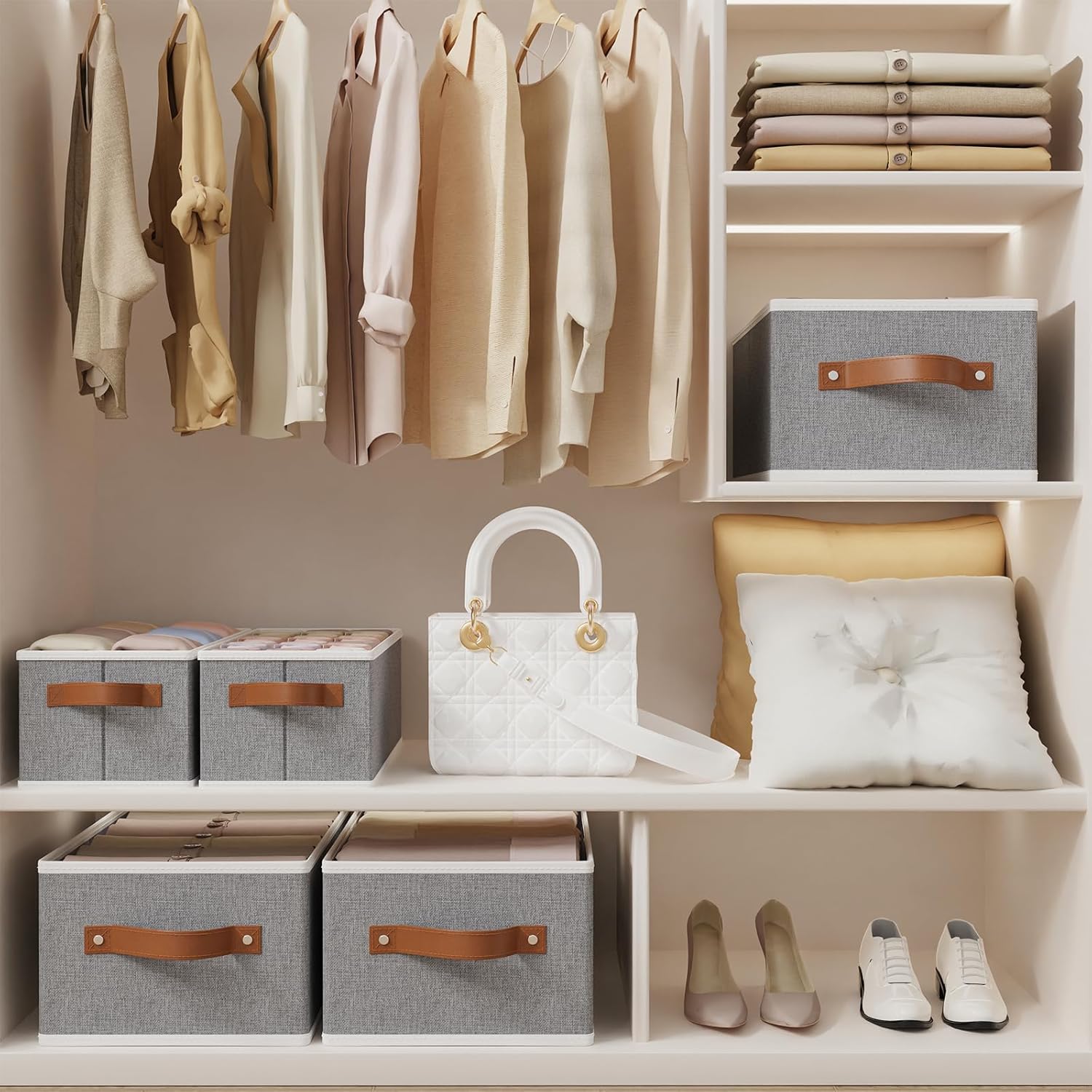 OUTBROS Storage Baskets, Foldable Bins for Shelves, Fabric Boxes With Handles, Wardrobe Organiser, For Bedrooms, Living Rooms, Grey, 15 x 6.1 x 5.1 inch, 3-Pack