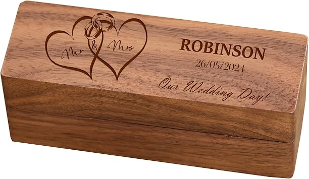 Personalised Long Wedding Ring Box Holder For 2 Rings With Love Hearts Brown