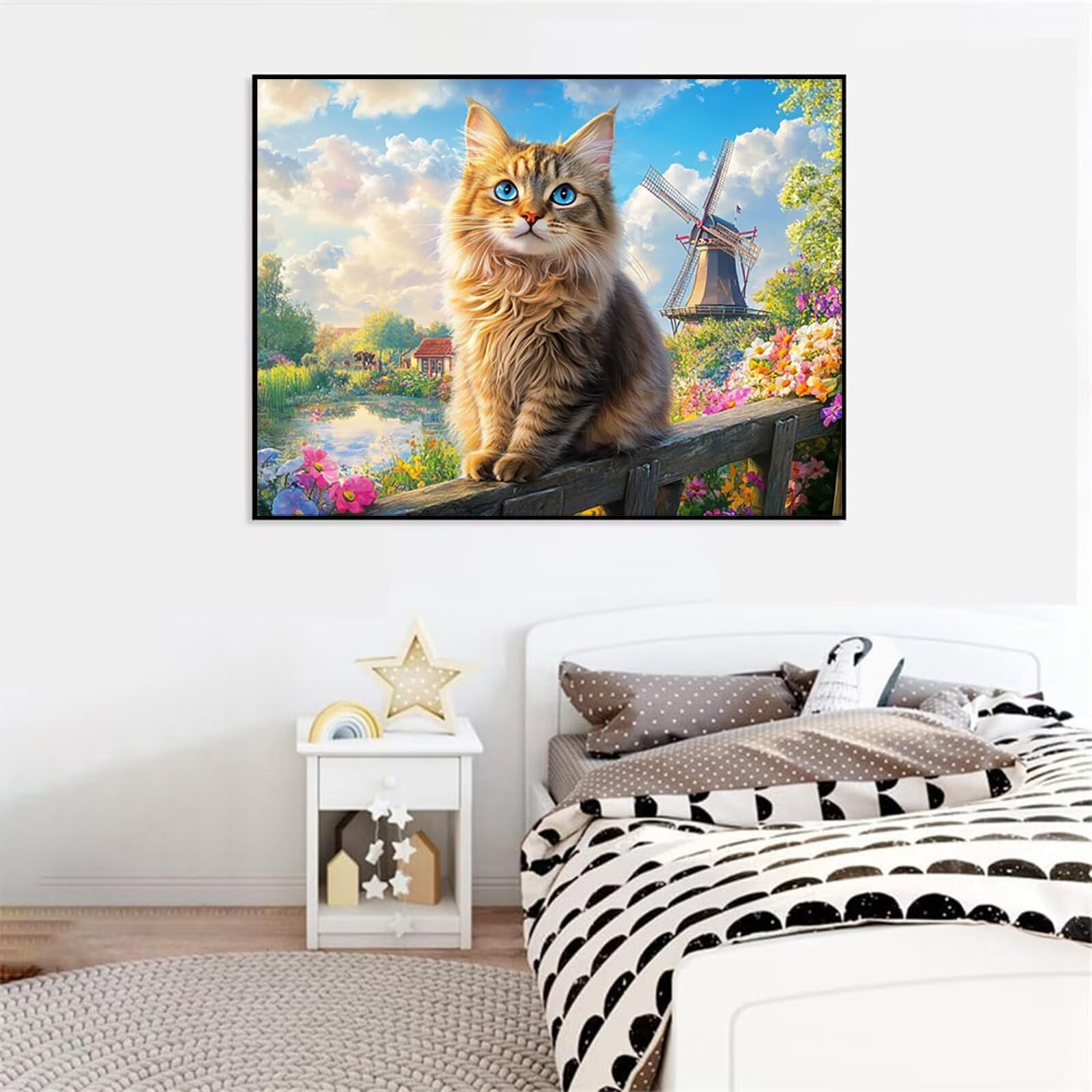 Peinture Numéros Adulte chat moulin à vent, Peinture Numero avec Pinceaux, Loisirs Créatifs Adultes, Design Moderne Esthétique, Décoration Murale pour Salon & Chambre Sans Châssis 50x70cm m5g-304