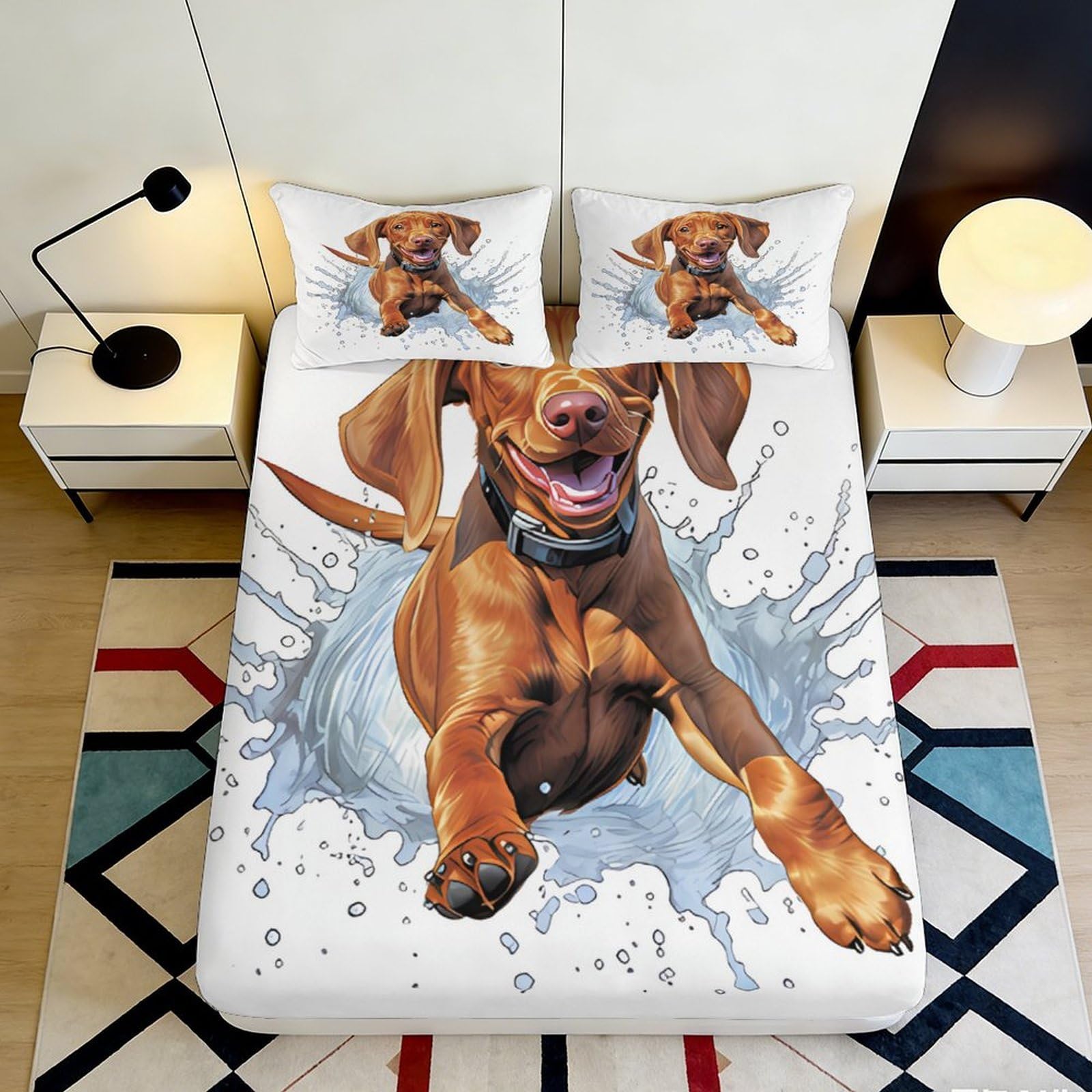 3D Printed Splashing Dog Fitted Sheet Microfiber Anti-Slip Brown Puppy Mattress Cover Bedroom Decor Machine Washable 200x200x25cm