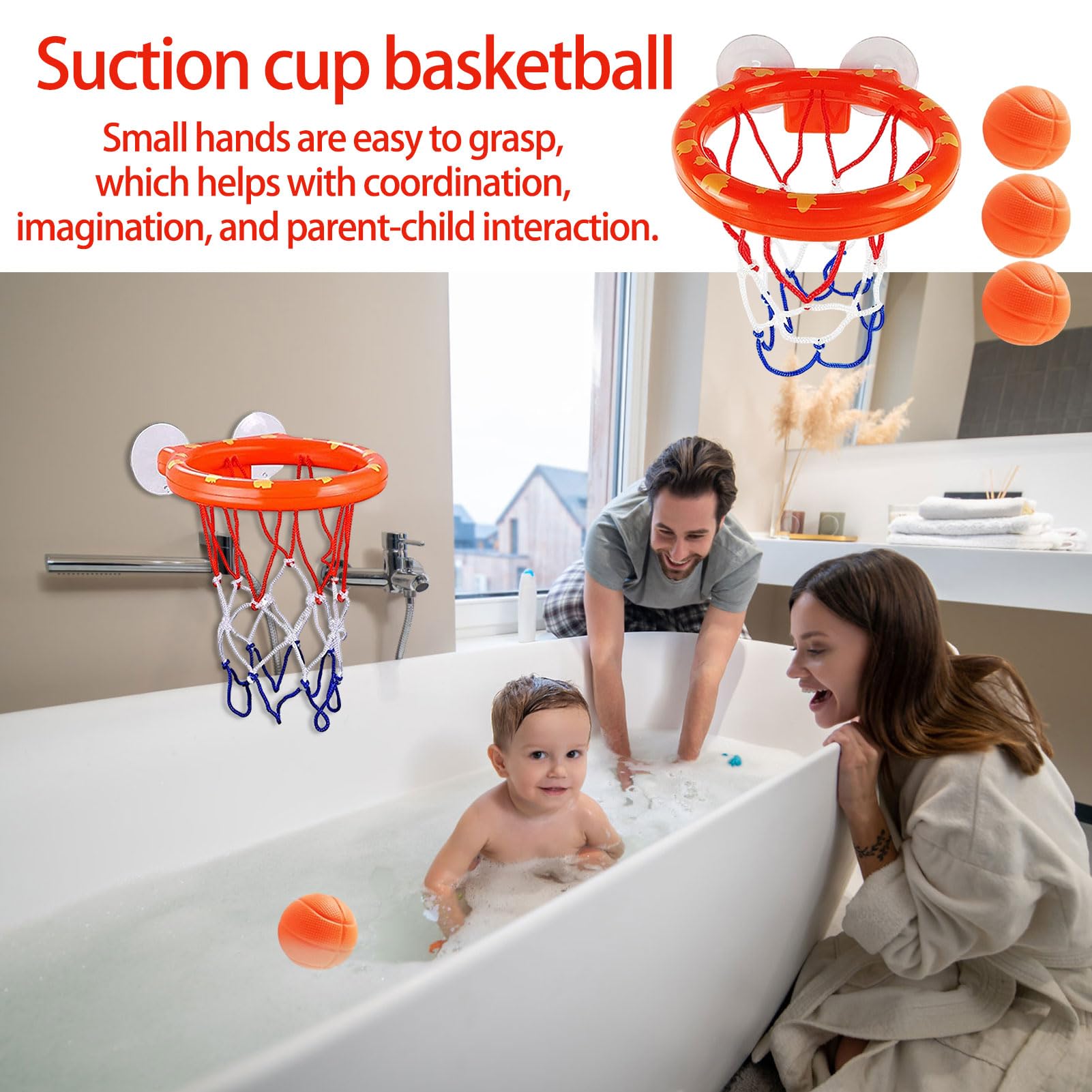 Bath Toys- Bathtub Basketball Hoop for Kids, Strong Suction Cups Basketball Hoop and 3 Soft and No Hole Balls, for Bathroom Bath Indoor Shower Plaything — view 6