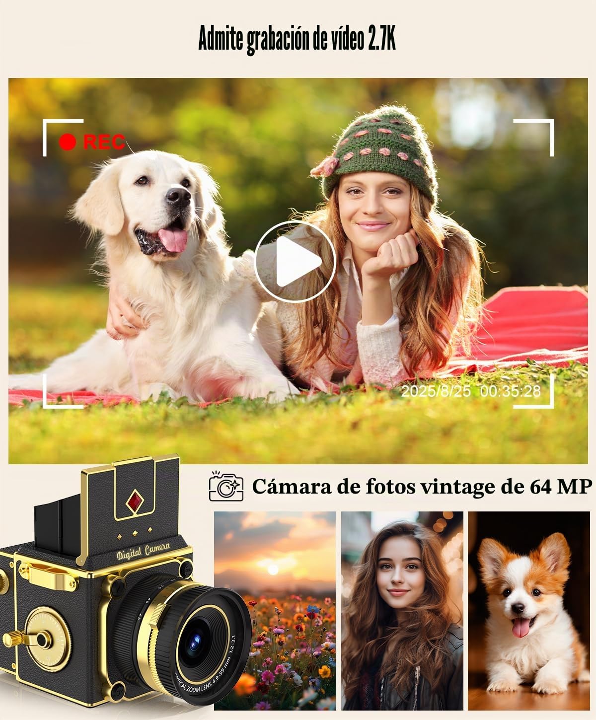 Cámara digital retro – Mini cámara de video vintage de 2.7 K, 64 MP de enfoque automático, cámaras de fotos pequeñas compactas con tarjeta de 16 GB para principiantes, adultos, adolescentes y