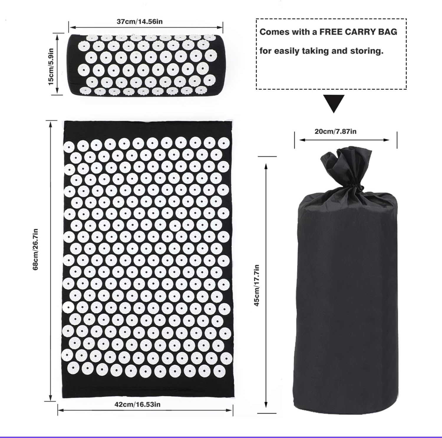 Hoollybanan Acupressure Mat and Pillow Massage Set with Carrying Bag for Back, Neck, Headaches Pain Relief-Relieves (Black) : Health & Household