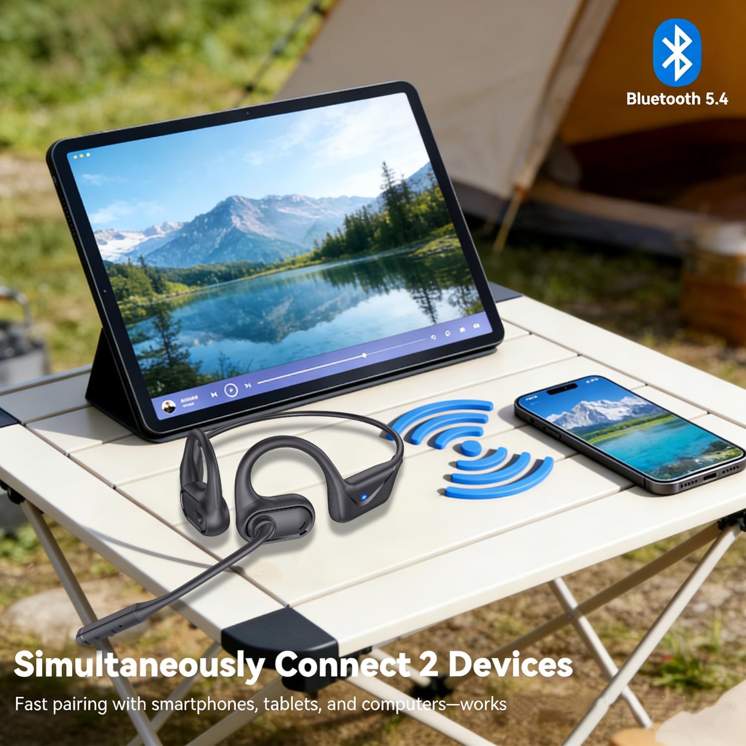 Open Ear Headphones with Mic, 28g Sweatproof Bluetooth Headset with Noise Cancelling & Mute, 20H, Dual Connect, Trucker Bluetooth 5.4 Wireless Headset with Mic for Work, Workout, Driving Call