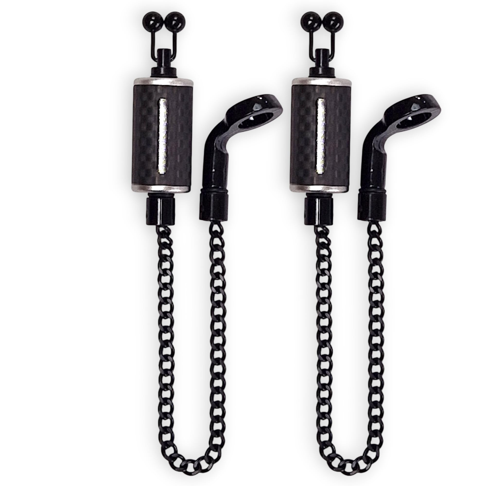 TJR Tackle 2 x Ultimate Carbon Bite Indicators bobbins with 14cm Chain, Black stainless steel ball line clips, Metal hockey sticks (Silver)