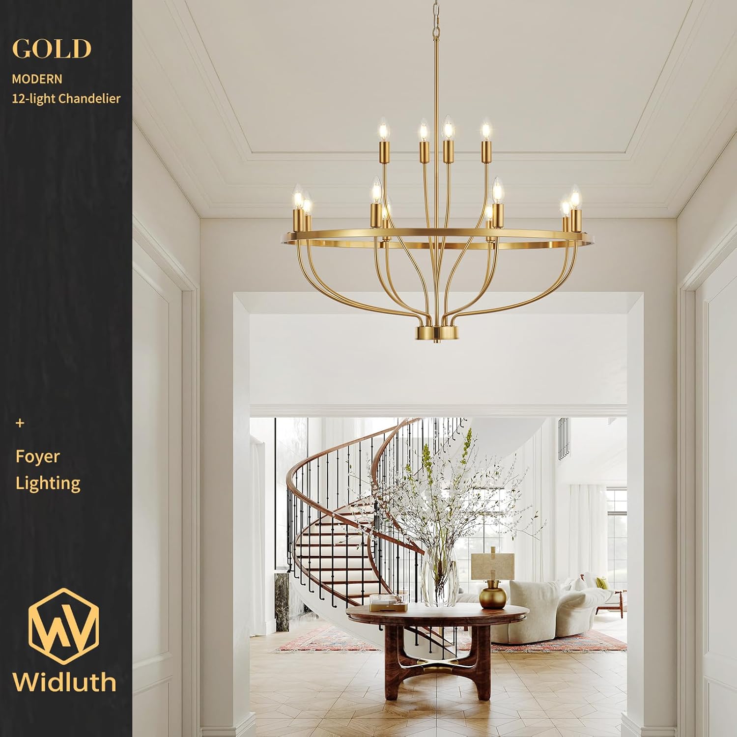 33.5" Modern Gold Chandelier Light Fixture Vintage Mid Century Modern 12-Lights Candle Style Chandeliers Retro Golden Chandelier for Dining Room, Kitchen Island, Living Room, E12