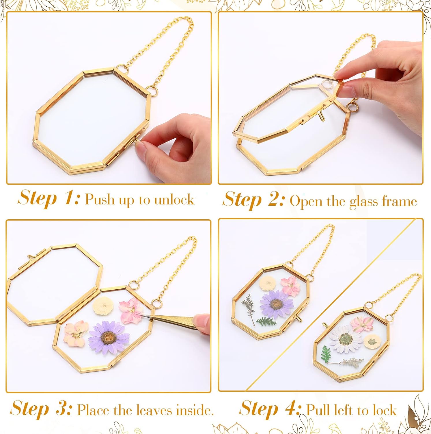 Marsui Set of 6 Double Glass Frame for Pressed Flowers 2.5 x 3.5 Inch Small Hanging Floating Glass Photo Octagon Frames for Dried Flower Picture Artwork Plant Specimen(Gold)