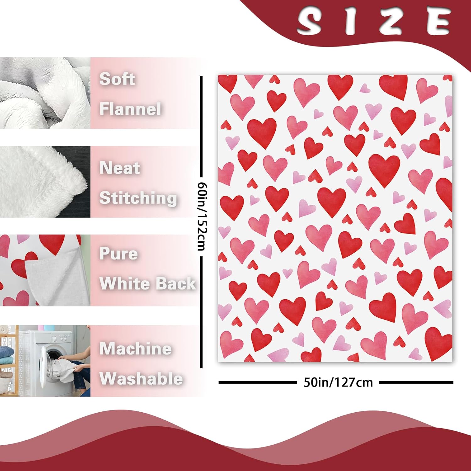 Valentines Day Flannel Throw Blanket, Pink Red Love Heart Anniversary Wedding Birthday Gifts for Women Girlfriend Wife Lover, Romantic Soft Blanket for Bedding Sofa 50" x 60" - Image 2