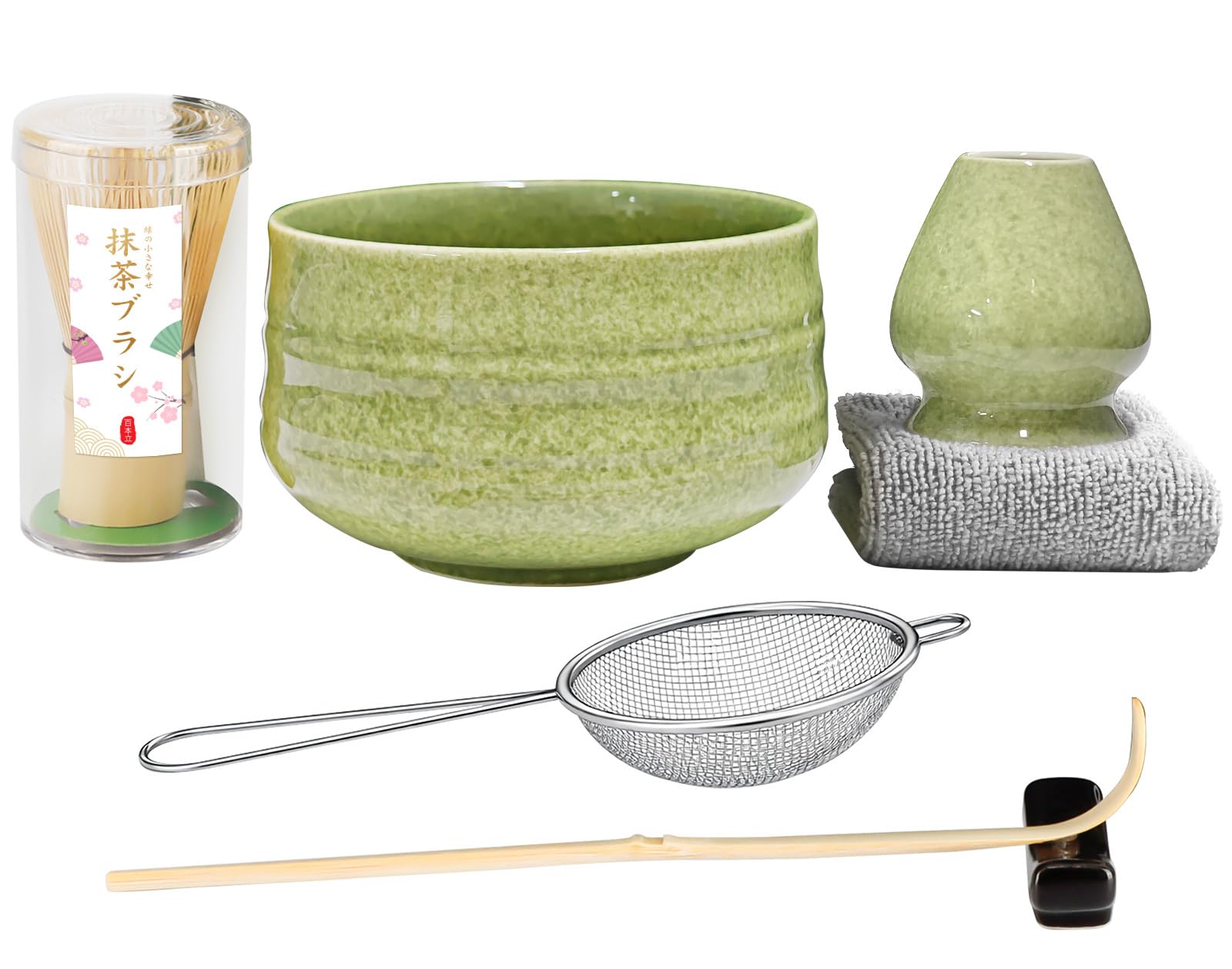 7pcs Matcha Set, Matcha Whisk Set - Matcha Whisk Bamboo, Whisk Holder, Matcha Bowl, Scoop, Sifter, Absorbent Cloth - Japanese Tea Ceremony Set for Home Use or as a Gift, Green
