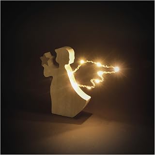 EMOS - Holz-Engel mit Stern und leuchtenden Flügeln - Holz-Dekoration mit 8 LEDs, Warmweiß - 6/18h Timer, batteriebetrieben (2x AAA) - Lebensdauer 10000 Stunden - für Innenbereich - Naturholz