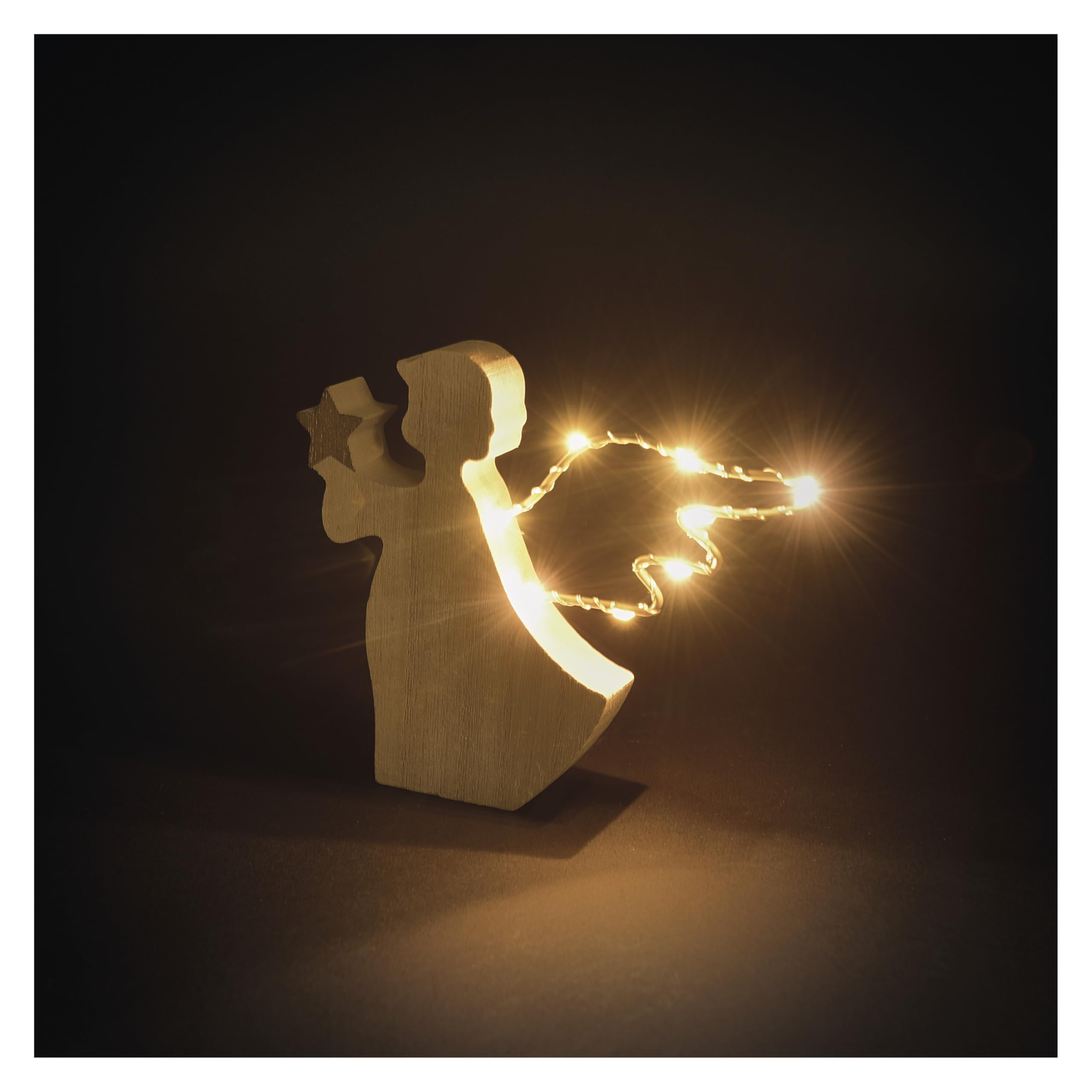 EMOS - Wooden Angel with Star and Luminous Wings - Wooden Decoration with 8 LEDs, Warm White - 6/18h Timer, Battery Operated (2X AAA) - Lifespan 10000 Hours - for Indoor use - Natural Wood