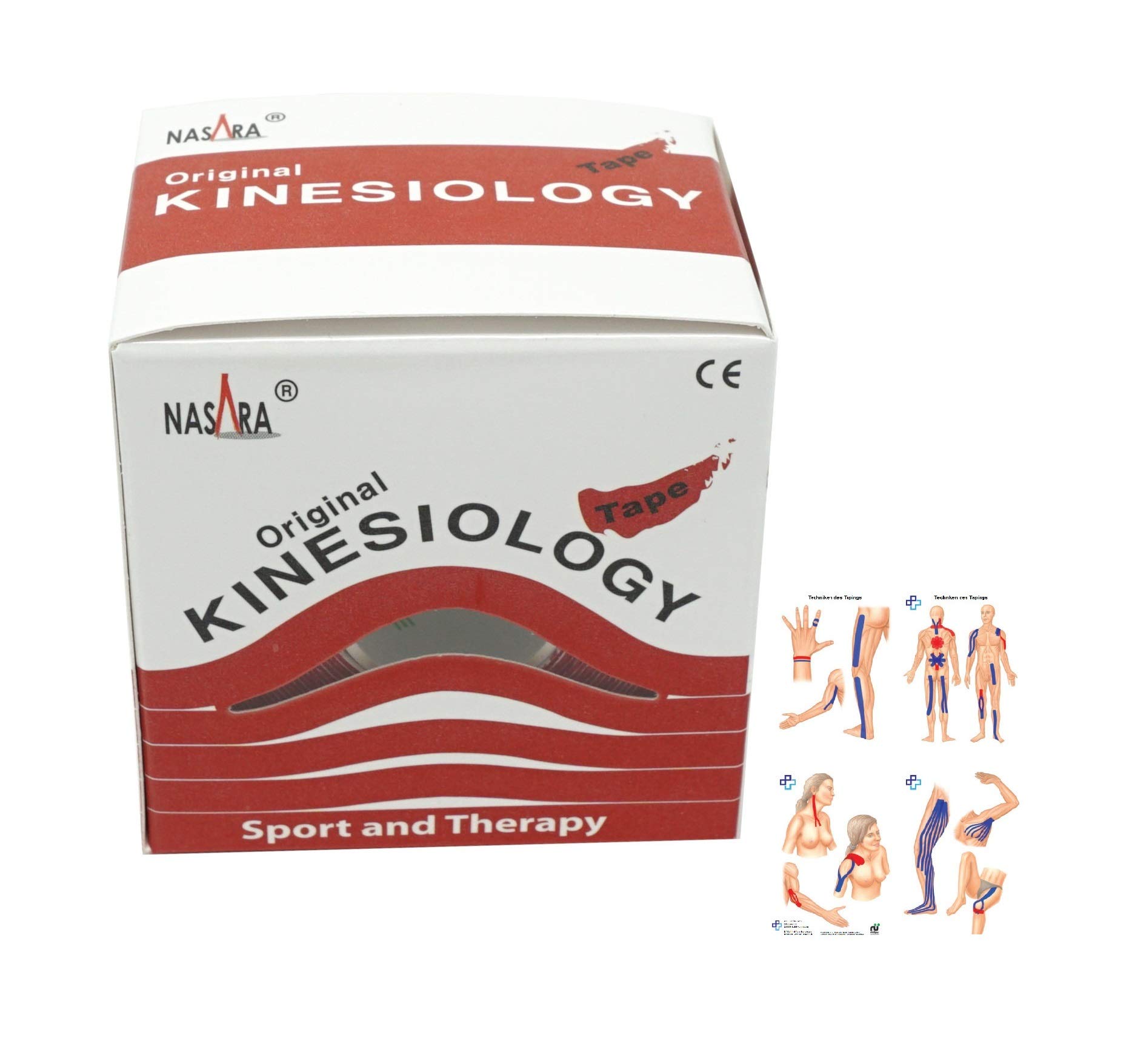 ATC Handels GmbH Nasara Lot de 6 bandes de kinésiologie 5 x 5 cm avec instructions de collage incluses – Bande de kinésiologie – Bande de fitness – Imperméable et respirant, rouge