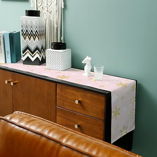 Miniatura 6 de Camino de mesa de copo de nieve rosa rubor, lino de algodón, bufandas de tocador de vacaciones de 120 pulgadas, feliz Navidad, romántico, color