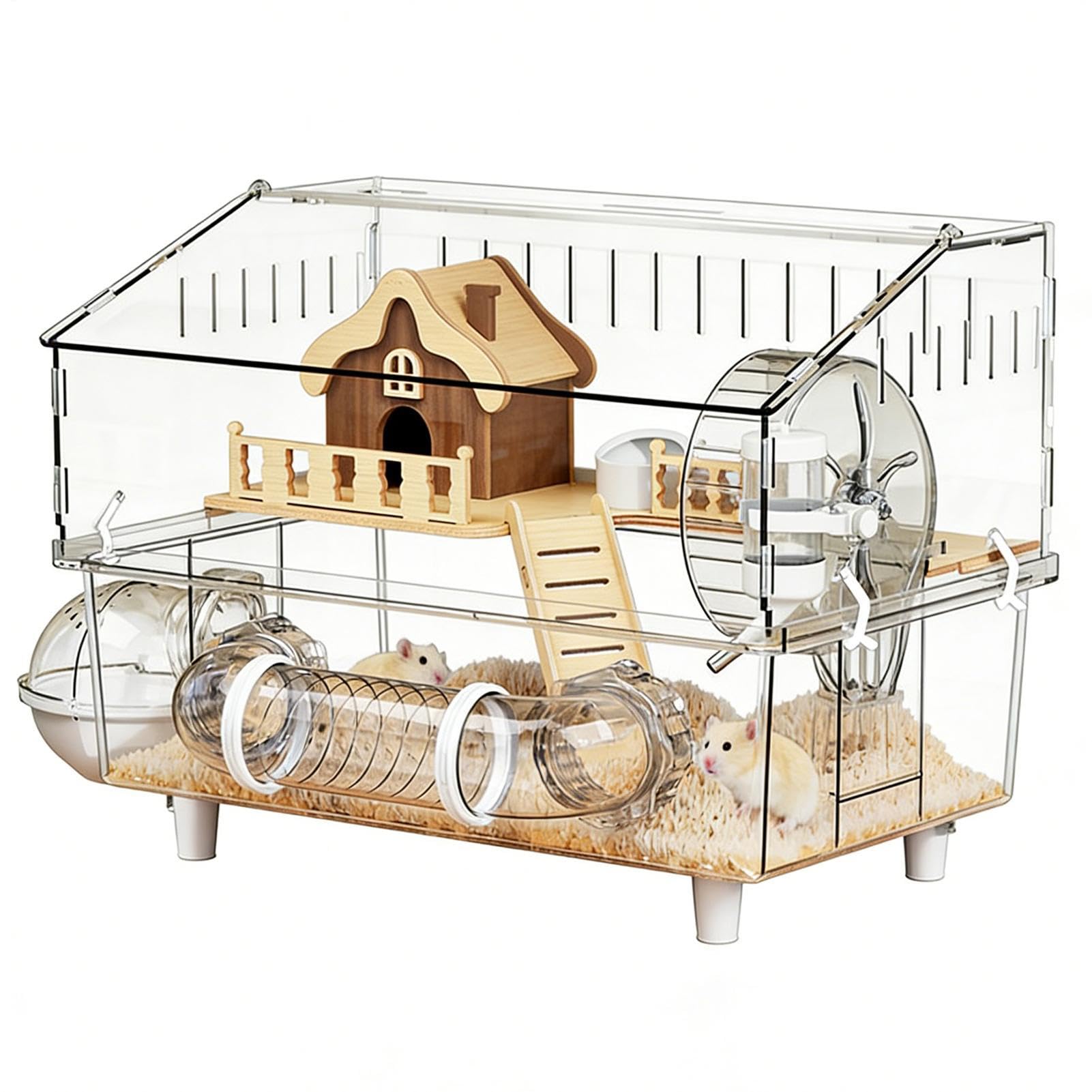 Jaula para Hámster Recinto Transparente de 2 Niveles para Mascotas | Jaula con Bebedero y Arenero Observación de Mascotas en Casa, Interior y Exterior