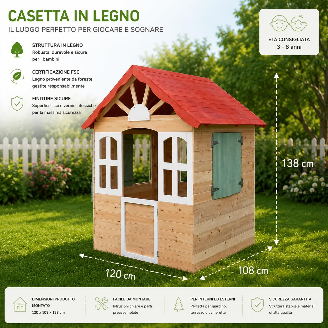 Casetta per Bambini Casa Gioco per Bambini Esterno casetta da giardino per bambini casetta per Bambini da Interno Giardino Casetta da Gioco Tradizionale Grande 120x108x138cm.