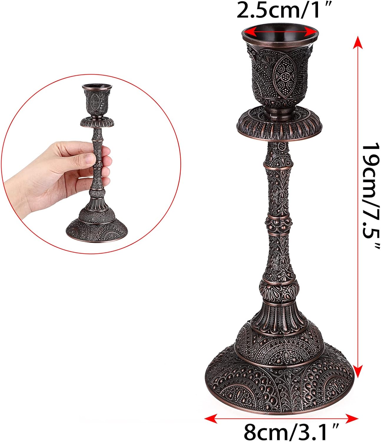 OwnMy Set of 2 Vintage Taper Candle Holders Tall Metal Taper Candlestick Holders, Elegant Taper Candle Stands Red Bronze Taper Candelabra Set for Dining Table Centerpieces Wedding Candlestick Decors - Image 3