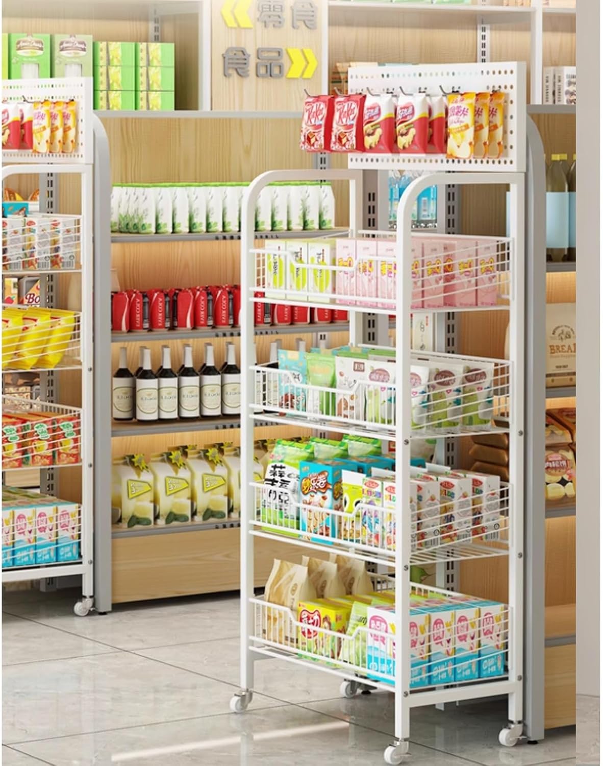 Retail Display Storage Rack，3 4 5 Tier Supermarket Snacks Shelf, Floor-Standing Retail Drink Merchandise Organizer Holder for Store Kitchen, Metal Wire Storage Stand Cart(4 Tier White,50x27c