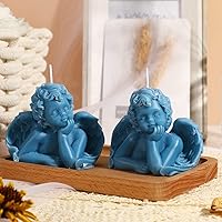 Vista 4 de Nuanchu Eclectic Angel Decor - 2 velas veganas de cera perfumada de soja en blanco y rosa para decoración moderna de dormitorio (azul lago)