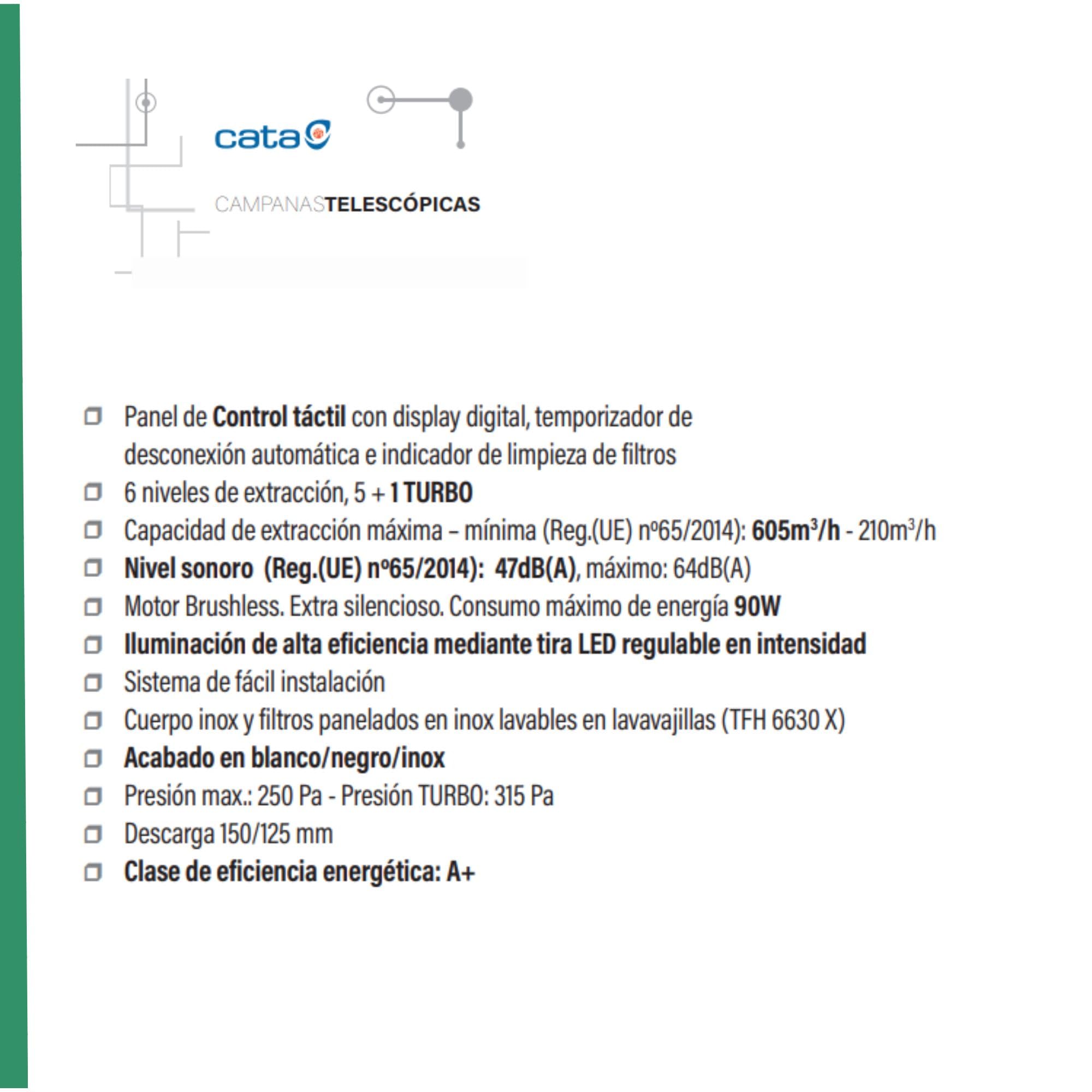 CATA Campana Extractora TFH 6630 BK Panel de Control Táctil 6 Niveles de Extracción Motor Extra Silencioso Iluminación LED Nivel Sonoro 47 db Sistema de Fácil Instalación Ancho 59.8 Color Negro