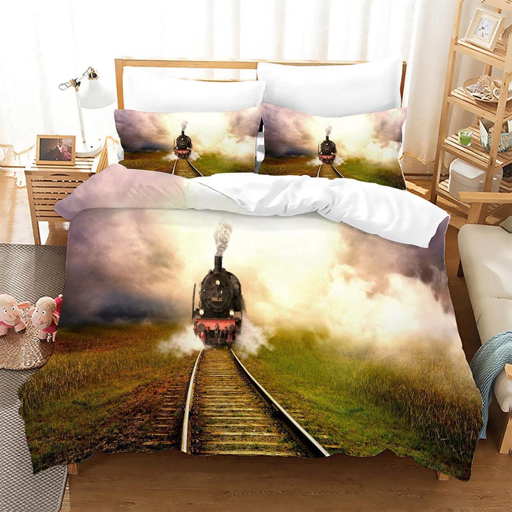 Train Single Duvet Cover Set, Soft Reversible Quilt Cover with Vintage Retro Pattern, Single Bedding Sets Microfibre with Zipper Closure, Washable Comforter Cover and Pillowcase, 135x200 cm, CGD22