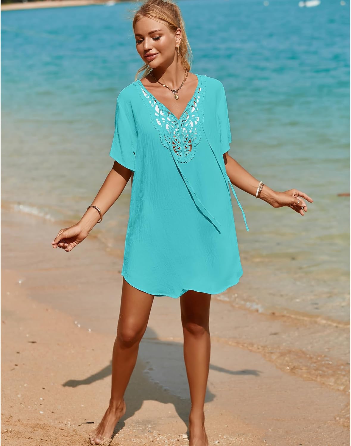 SimpleFun Womens Swimsuit Coverup Lace Crochet V Neck Bathing Suit Cover Up Dress Beach Cover Ups for Swimwear - Image 5