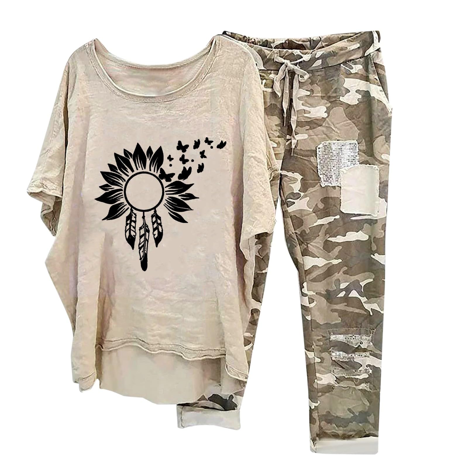 Musselin Bluse Damen Leinenbluse 3/4 Ärmel Rundhals Baumwoll-Leinen Leinen Set Bohemian Langarm Bauernblusen Lässiges Baumwolle Blumenmuster Modisches Shirts Elastische Taille Alltag Freizeithose