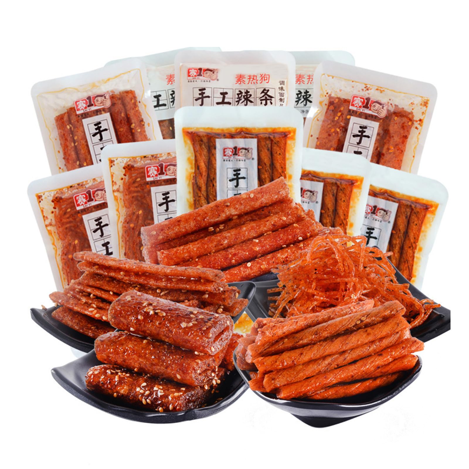 5 Flavors of Handmade Spicy Strips,Chinese Spicy Snacks,Instant Snacks,Hunan Speciality,Mala Latiao Hot Silk Stick Veggie Hot Dog,2 packs of Each Flavor(10 Pack)