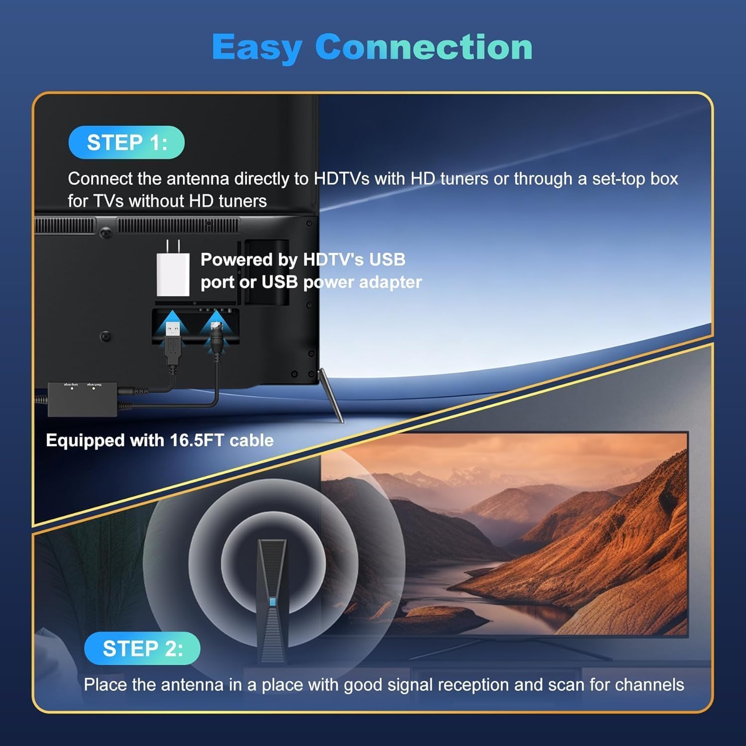 Antena de TV para televisores inteligentes y antiguos, más de 2500 millas de alcance más fuerte, antena de TV digital HD para interiores, compatible con 4K 1080P VHF UHF, recepción de largo alcance de