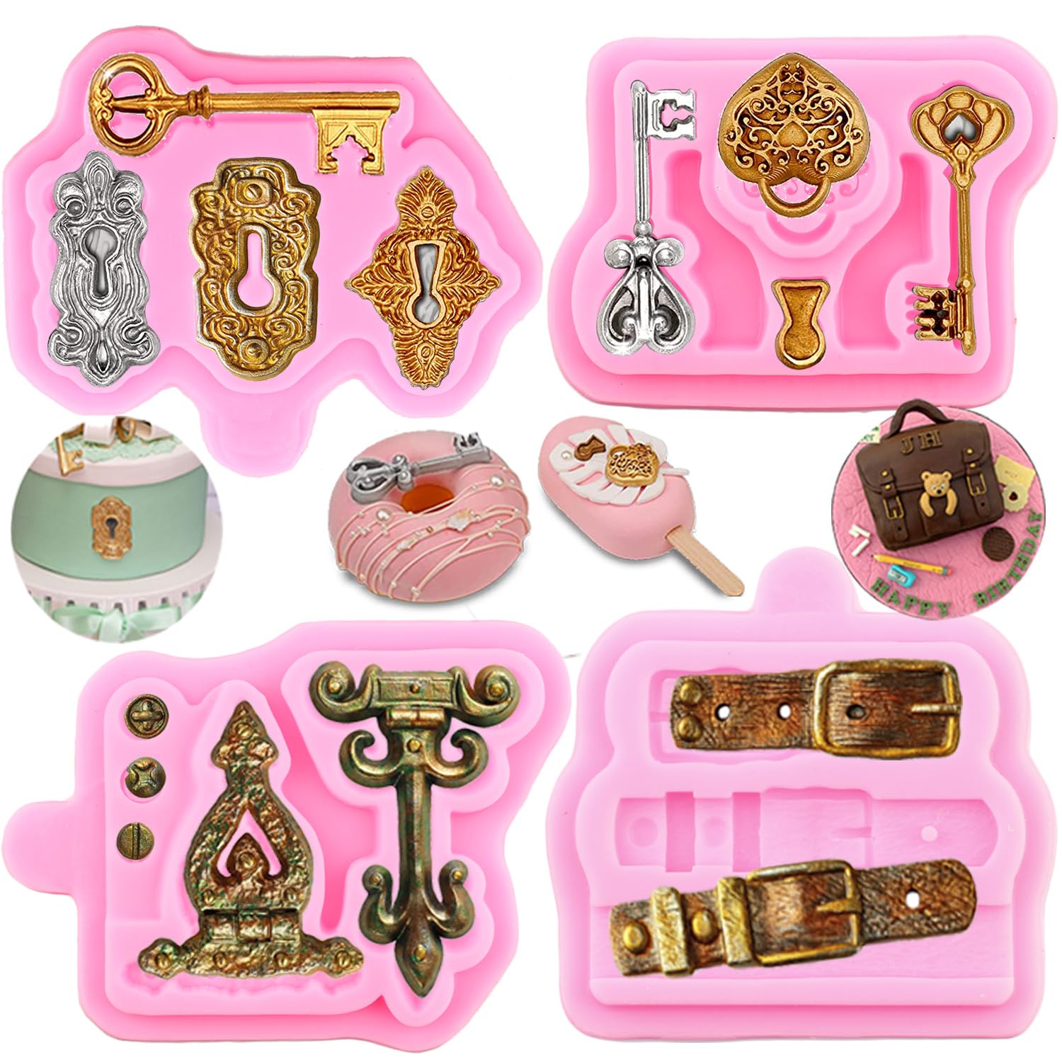 3-teiliges Silikon-Fondant-Formen-Set – Für Vintage-Schlösser, Schlüssel & Scharniere – Hitzebeständig Bis 230°C