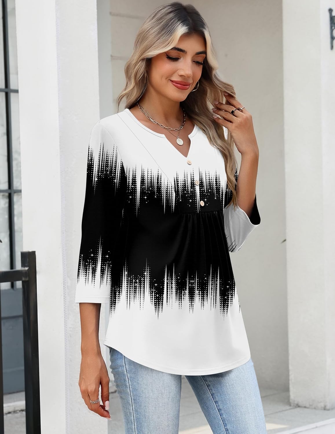 Zeagoo Womens 3/4 Length Sleeve Tops V Neck Dressy Casual T Shirts Pleated Business Work Blouses Basic Tees S-3XL - Image 5