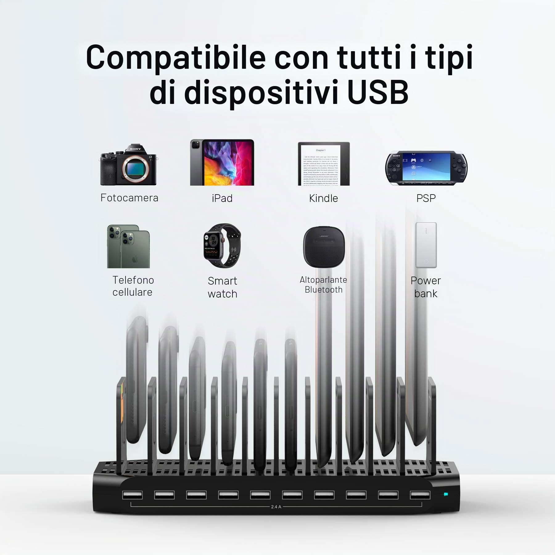 Unitek 60 W stazione di ricarica 10 porte, stazione di ricarica USB multi-dispositivo con separatori regolabili e SmartIC, compatibile con telefono, tablet e altro ancora
